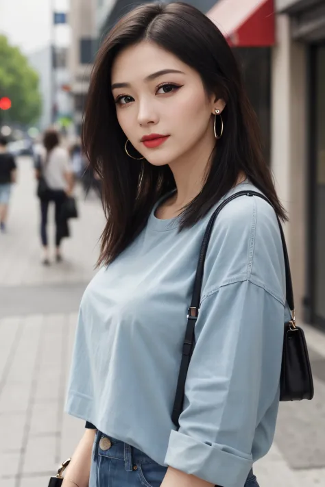 a woman, (realistic), (hyperrealism), (photorealistic), depth of field, eye makeup:0.5, (upper body:1.2), (narrow waist:0.7), looking at the viewer, casual outfit, at the city streets,