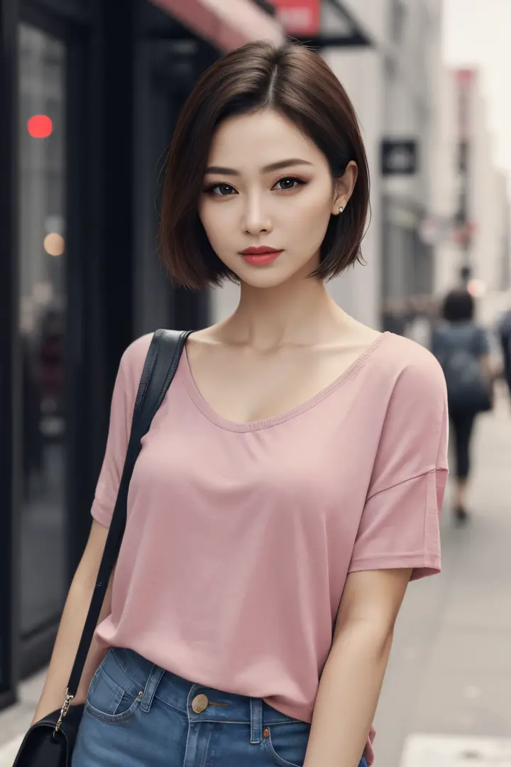 a woman, (realistic), (hyperrealism), (photorealistic), depth of field, eye makeup:0.5, (upper body:1.2), (narrow waist:0.7), looking at the viewer, casual outfit, at the city streets,