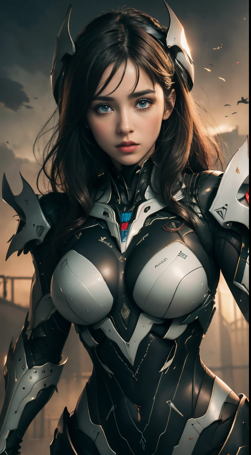 highest qualityr, 8K image quality, Masterpiece, Professional shadow-free lighting,, Official Art, 8k wallpaper, Very detailed, illustration, 1 girl mecha, ,long hair, Hot thick red lips Extremely detailed 4k eyes and face,beautiful beautiful blue eyes ,with huge breasts, bewitching thighs, full body and big tail,