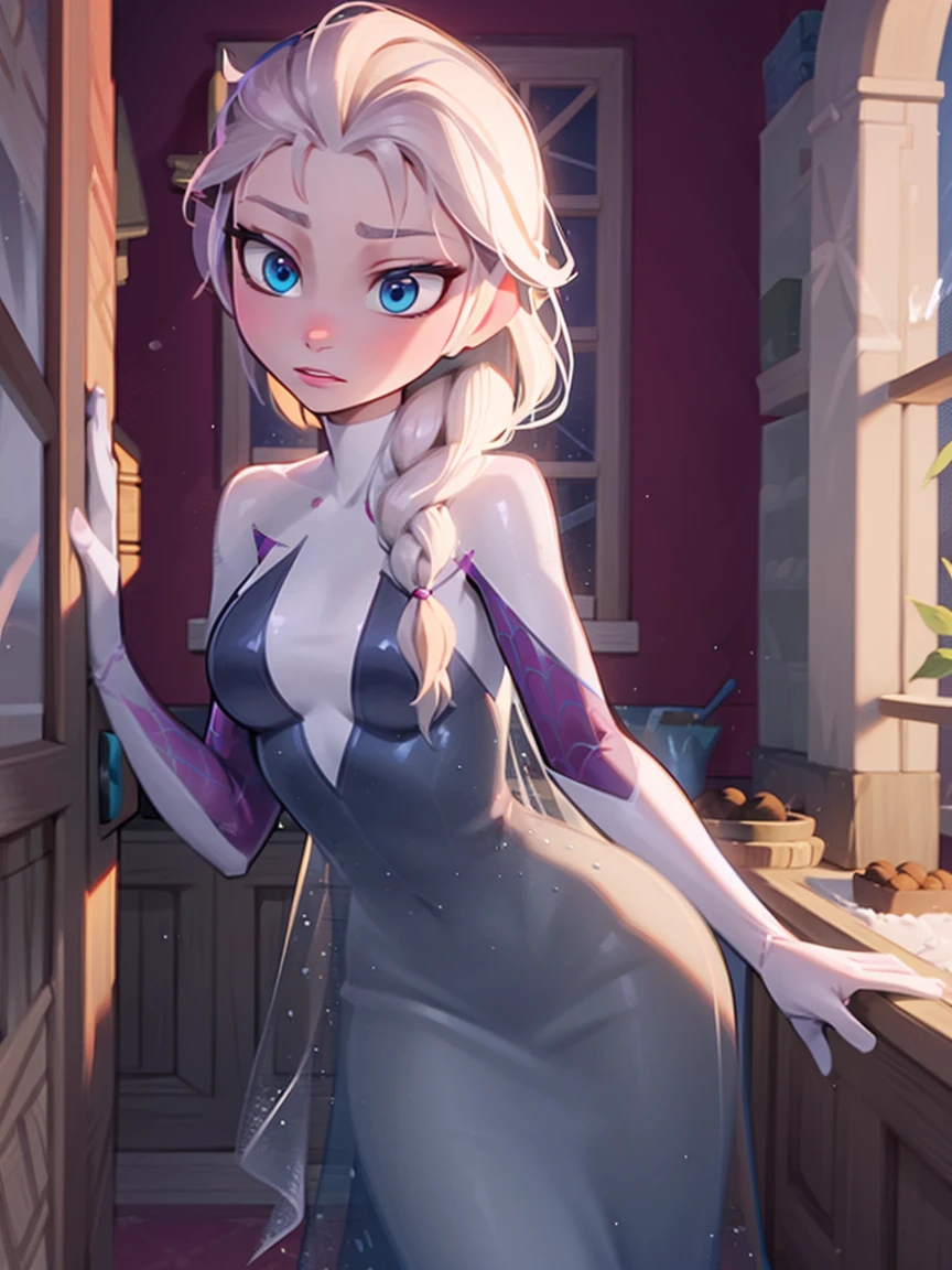 Elsa of arendelle, wearing Spidergwen-Kostüm, Spidergwen-Kostüm, elsa of arendelle, blaues Eiskleid, einzelner Zopf, Eishaarband