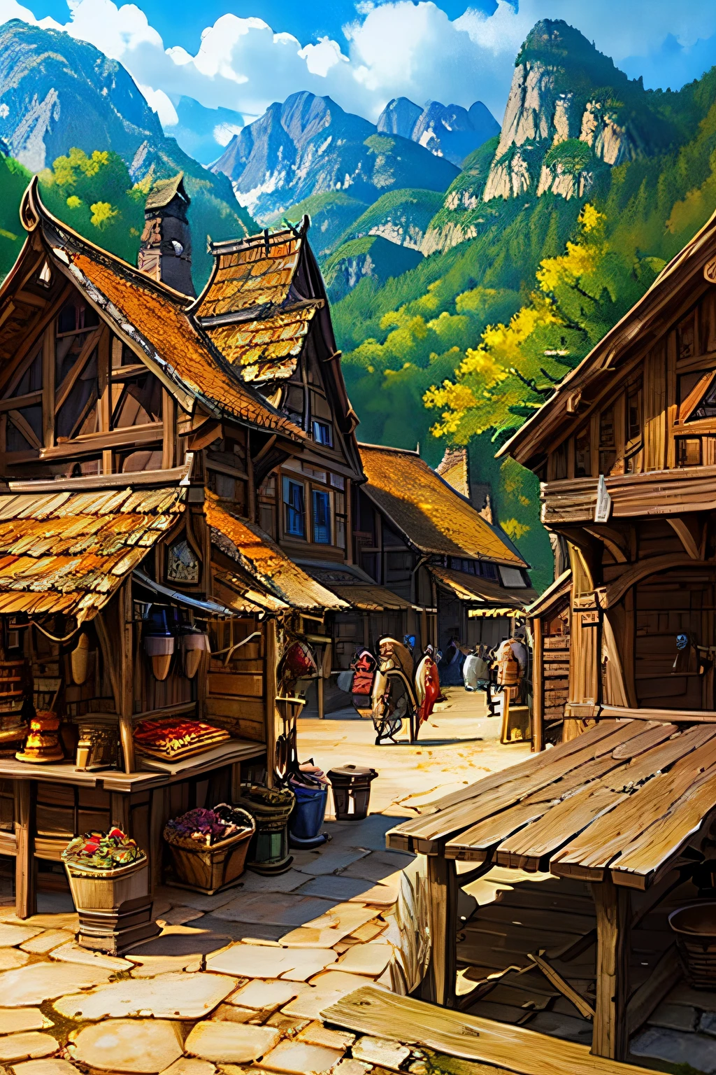 fantasy medieval a town in the country side, several buildings containing a blacksmith, leatherworker, weaponsmith, general goods merchant, many food stalls selling baked goods, prepared meats, cheese. a barracks with soldiers. many small dwellings for common people dungeons and dragons fantasy