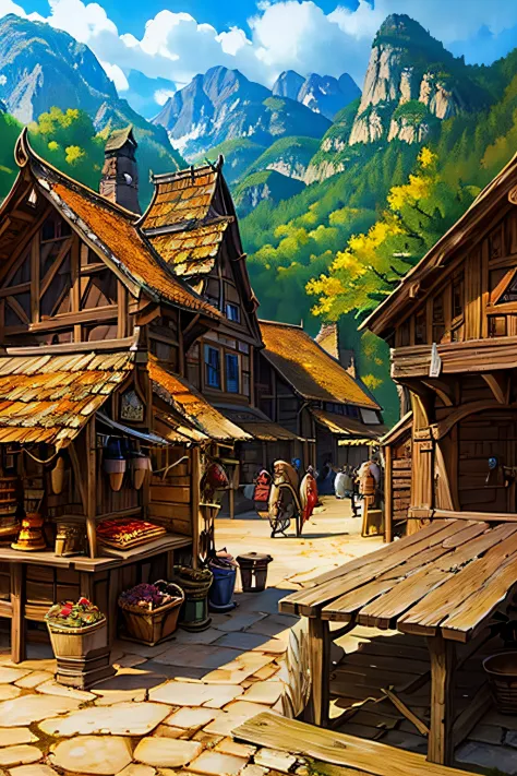 fantasy medieval a town in the country side, several buildings containing a blacksmith, leatherworker, weaponsmith, general good...