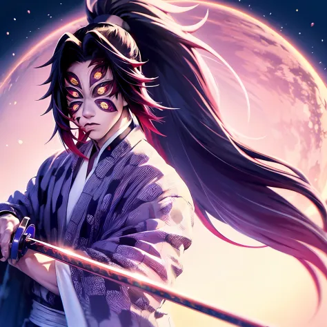 1male people、If the eyes are６piece　 Long ponytail hair　Fantastic crescent moon background　独奏　On the waist２Book sword　scared expr...