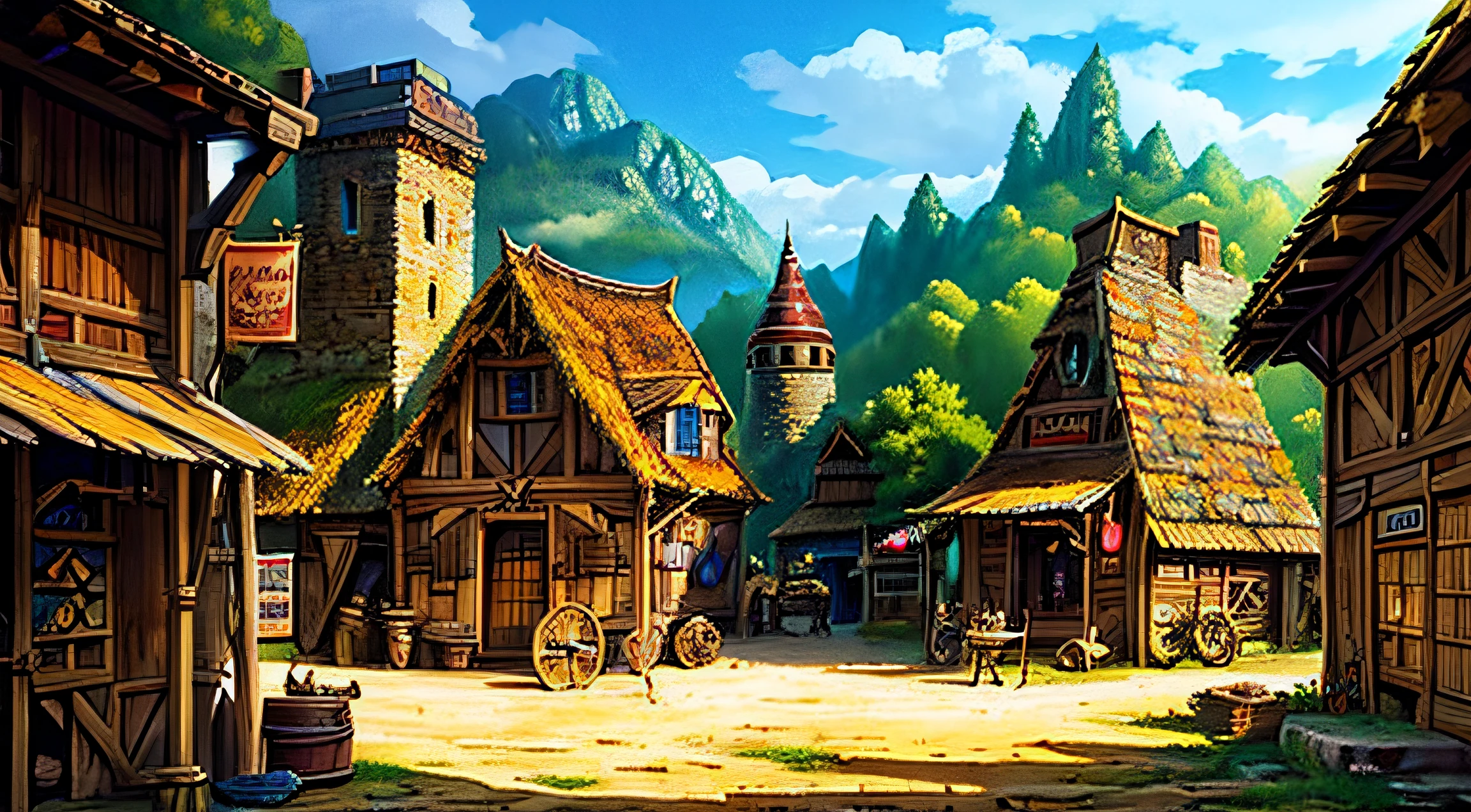 fantasy medieval a town in the country side, several buildings containing a blacksmith, leatherworker, weaponsmith, general goods merchant, many food stalls selling baked goods, prepared meats, cheese. a barracks with soldiers. many small dwellings for common people dungeons and dragons fantasy