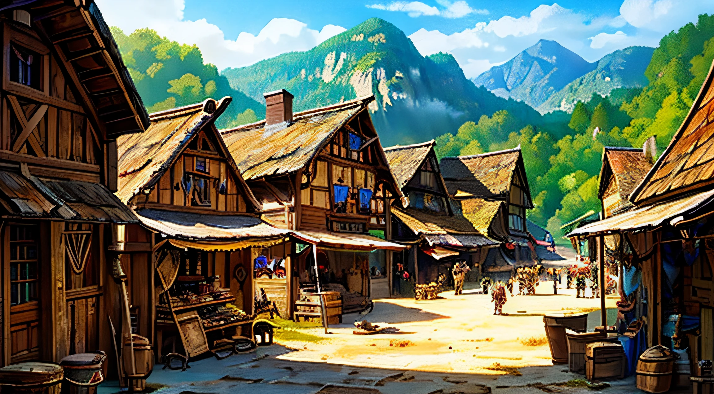 fantasy medieval a town in the country side, several buildings containing a blacksmith, leatherworker, weaponsmith, general goods merchant, many food stalls selling baked goods, prepared meats, cheese. a barracks with soldiers. many small dwellings for common people dungeons and dragons fantasy