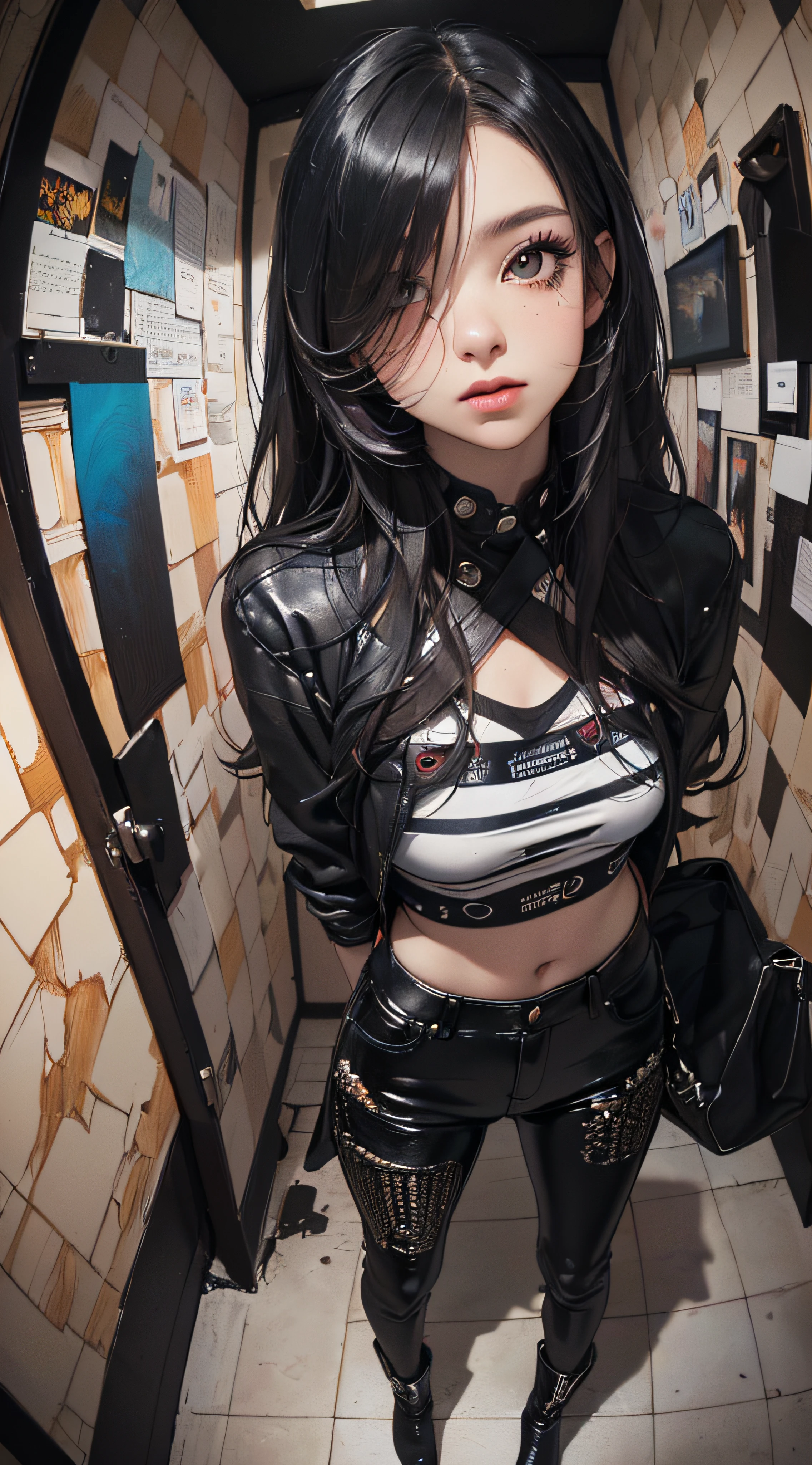 (((8k wallpaper of extremely detailed CG unit:1.2, ​masterpiece, hight resolution:1.2, top-quality:1.2, masutepiece))), ((a very beautiful woman, Arms behind your head:1.8, Grunge Fashion:1.2, Wearing a blouson:1.2, wearing leather pants, Wearing boots)), ((extra detailed face, Contrasting eyes, Highly detailed black eyes:1.2, extra detailed body, Top quality real texture skins)), (A dark-haired, length hair, de pele branca, Small), ((colorful geometric pattern wall, Colorful wall)), (high-angle, Fisheye:1.3), hyper realisitic, digitial painting,