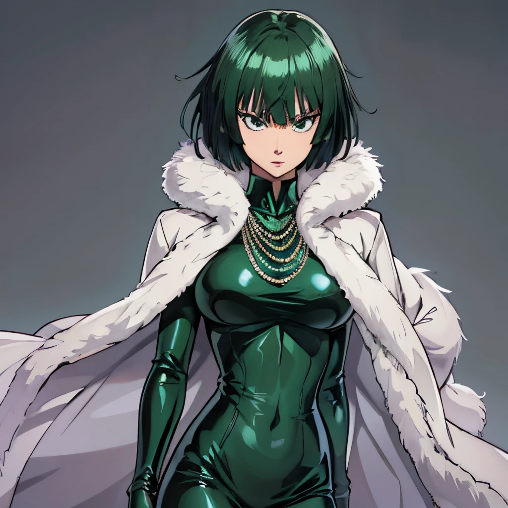 high quality, extremely detailed, perfect face, masterpiece, Fubuki \(one punch man\), green-black short hair, long sleeved black latex longest dress, white fur coat, necklace, large breasts, full body