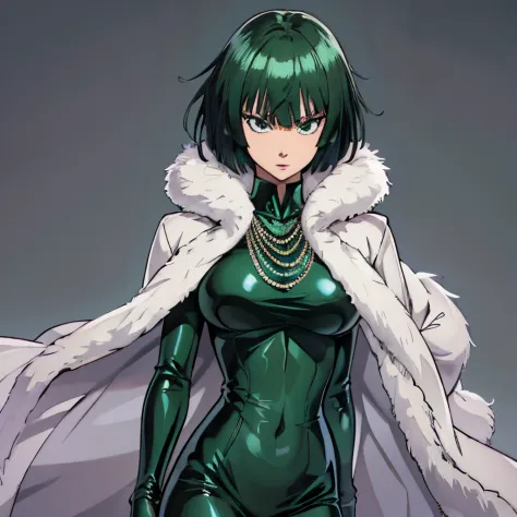 high quality, extremely detailed, perfect face, masterpiece, Fubuki \(one punch man\), green-black short hair, long sleeved black latex longest dress, white fur coat, necklace, large breasts, full body