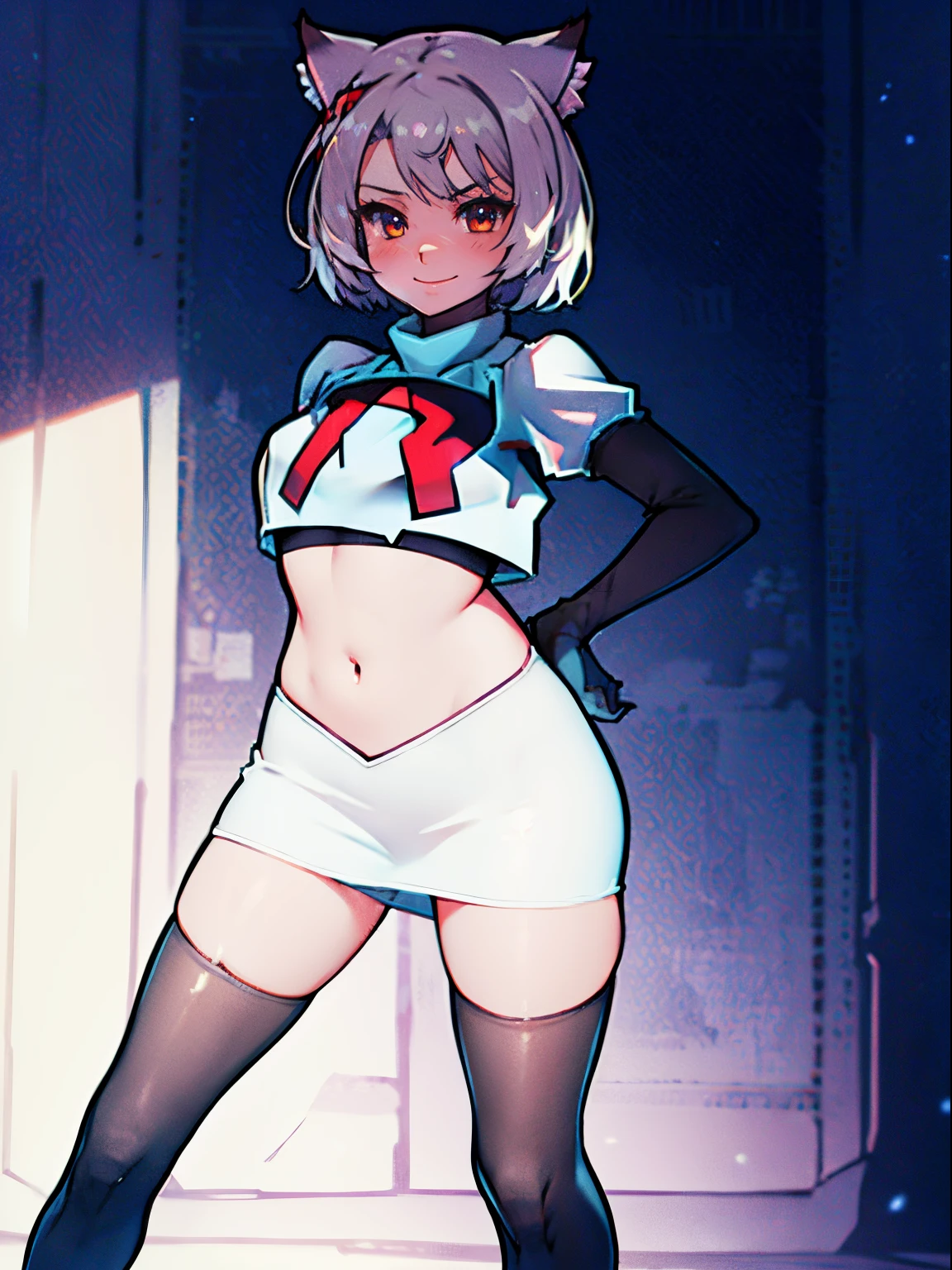 face of mio \(xenoblade\), 1girl,team rocket,team rocket uniform, red letter R, white skirt,white crop top,black thigh-high boots,black elbow gloves, cat ears, white hair