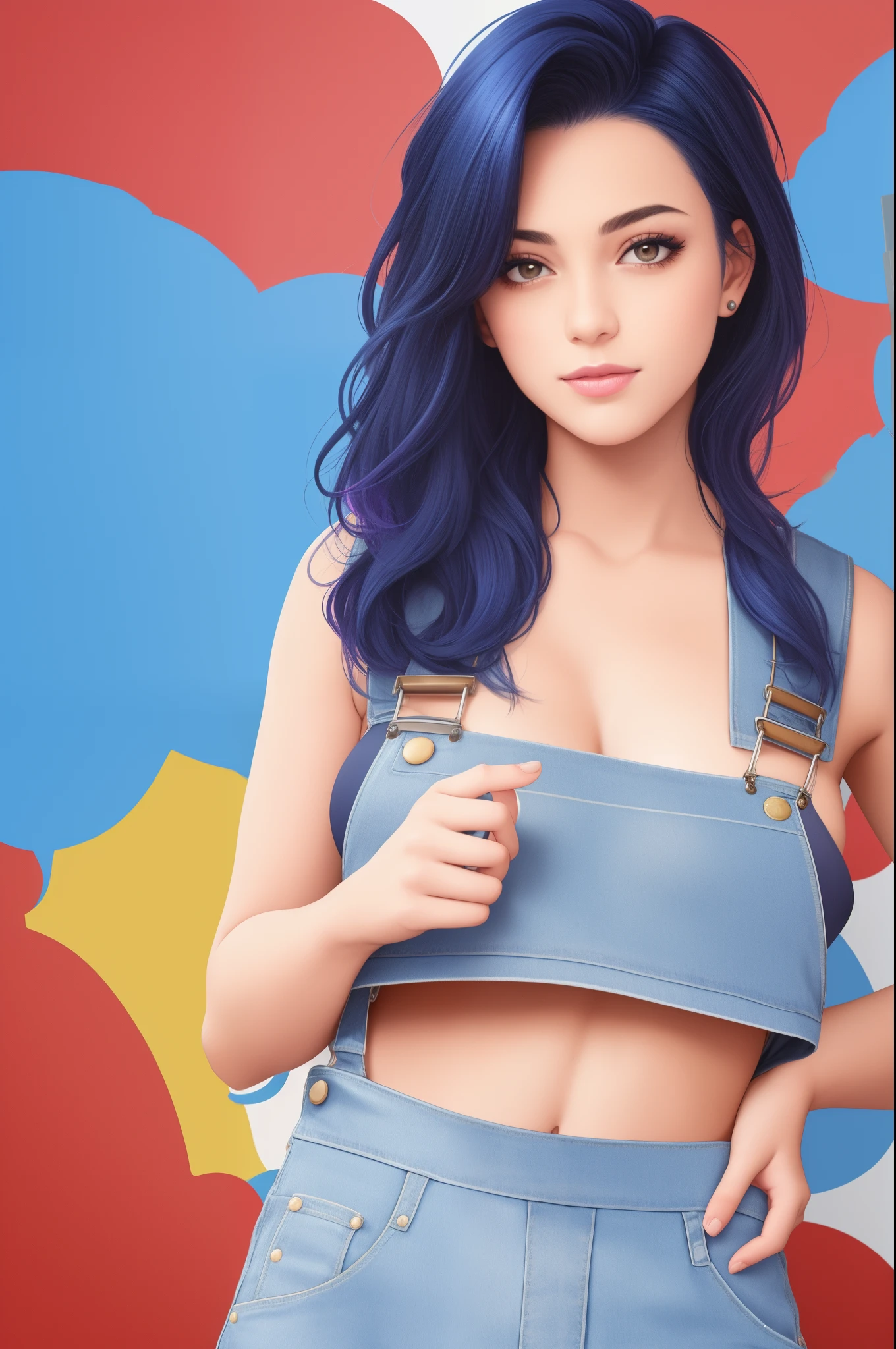 Award-winning bust portrait，A woman wearing a crop top and overalls，With dark blue hair，The head is moving，Hair soars, paint splash, spatter, Transcendent, Auto parts, shaded flat illustration, number art, Hot topics on artstation, The is very detailed, finedetail, iintricate