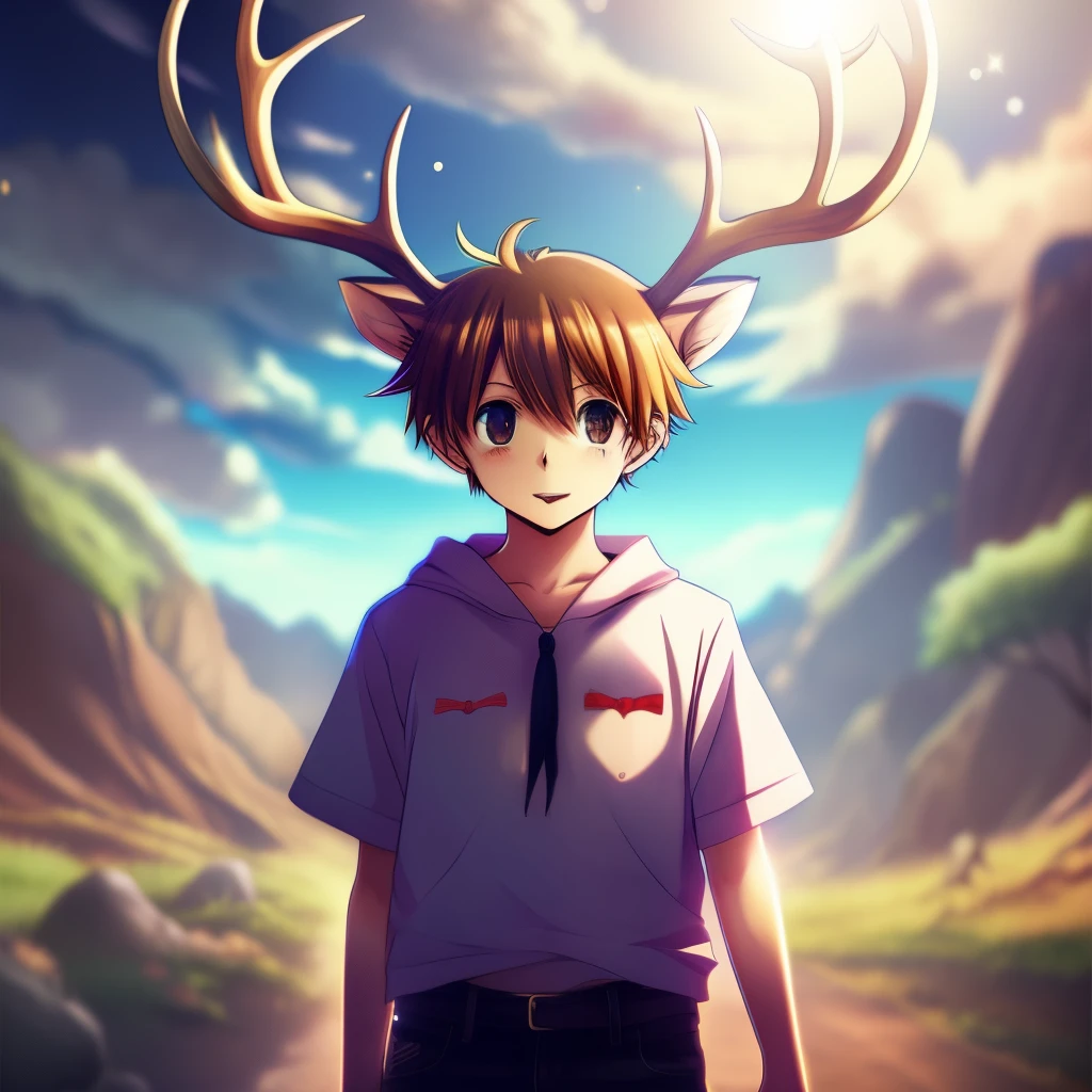 创作一个关于一个男孩转世为鹿进入新世界的漫画封面.