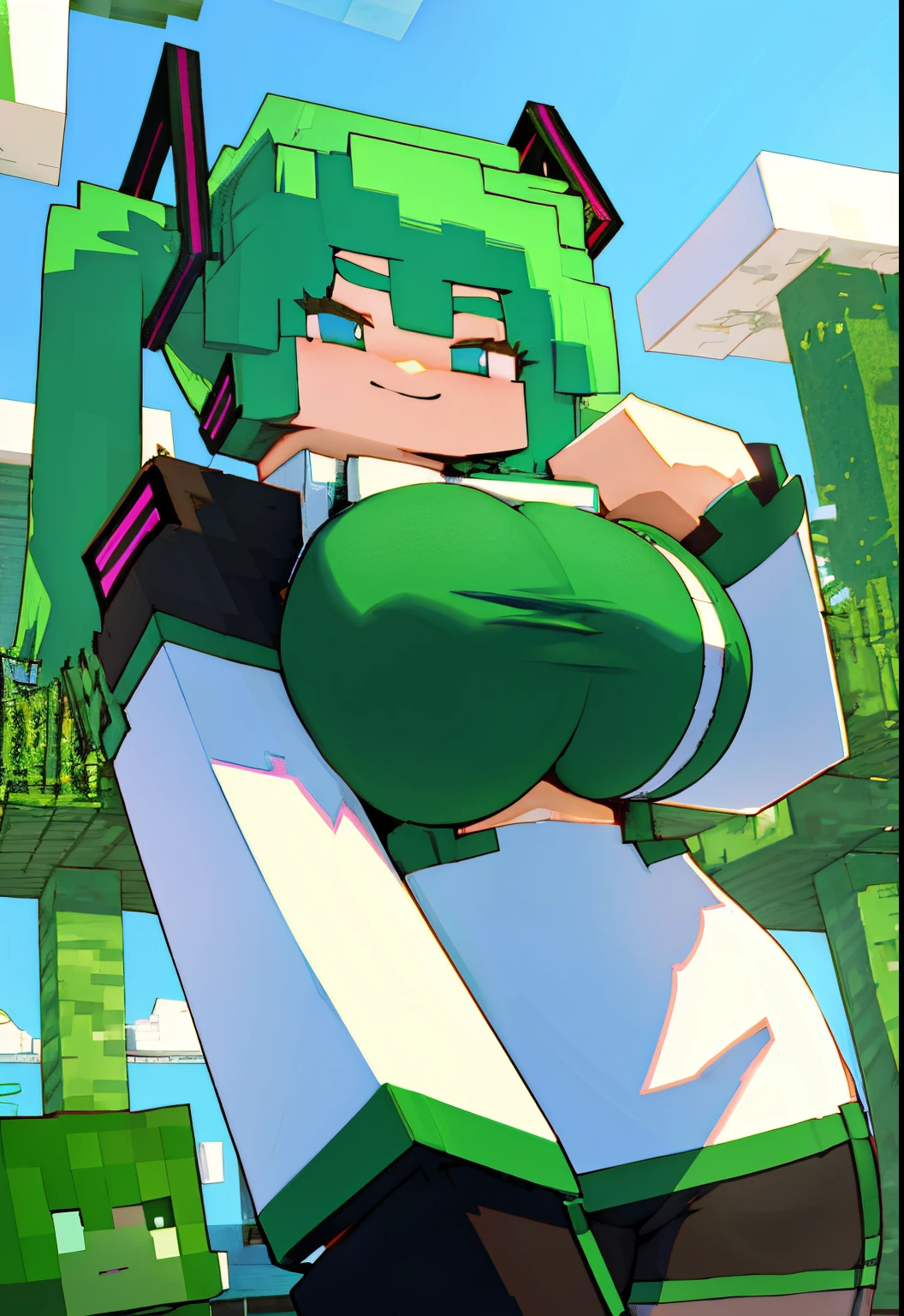 A cartoon picture of a girl with green hair and a green head - SeaArt AI