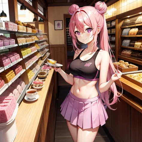 one cheerful girl（pink hair、long hair in two buns、a purple eye、black sports bra〔yellow line〕、breastsout、pink pleated skirt、thigh...