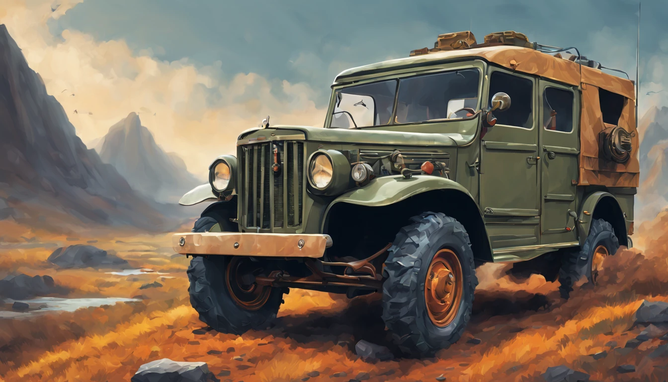 logo t-shirt design, fantasy art,1940 GAZ-69 Russian army vehicle, extreme off-road expedition, perspective view,  Hyperrealistic, splash art, concept art, mid shot, intricately detailed, color depth, dramatic, 2/3 face angle, side light, colorful background