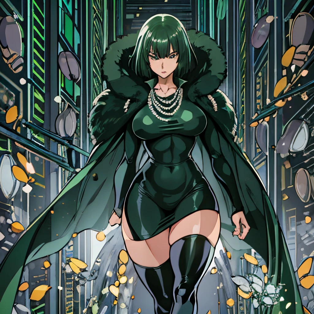 full body:1, high quality, extremely detailed, perfect face, masterpiece, Fubuki \(one punch man\),  Transparent clothes, green-black short hair, long sleeved black latex longest dress,  Plump thighs, clamping thighs,  thick thighs, wide hips, slender waist,  black skirt, pelvic curtain, white fur coat, necklace, large breasts, heel shoes