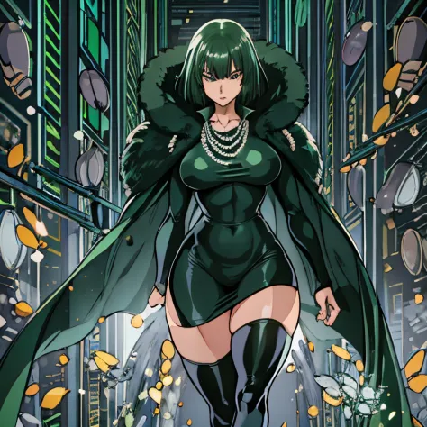 full body:1, high quality, extremely detailed, perfect face, masterpiece, Fubuki \(one punch man\),  Transparent clothes, green-black short hair, long sleeved black latex longest dress,  Plump thighs, clamping thighs,  thick thighs, wide hips, slender wais...
