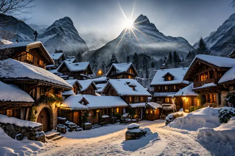 the hobbit, tolkien, a medieval village in switzerland, ornate, beautiful, atmosphere, vibe, snow, concept art illustration, gre...