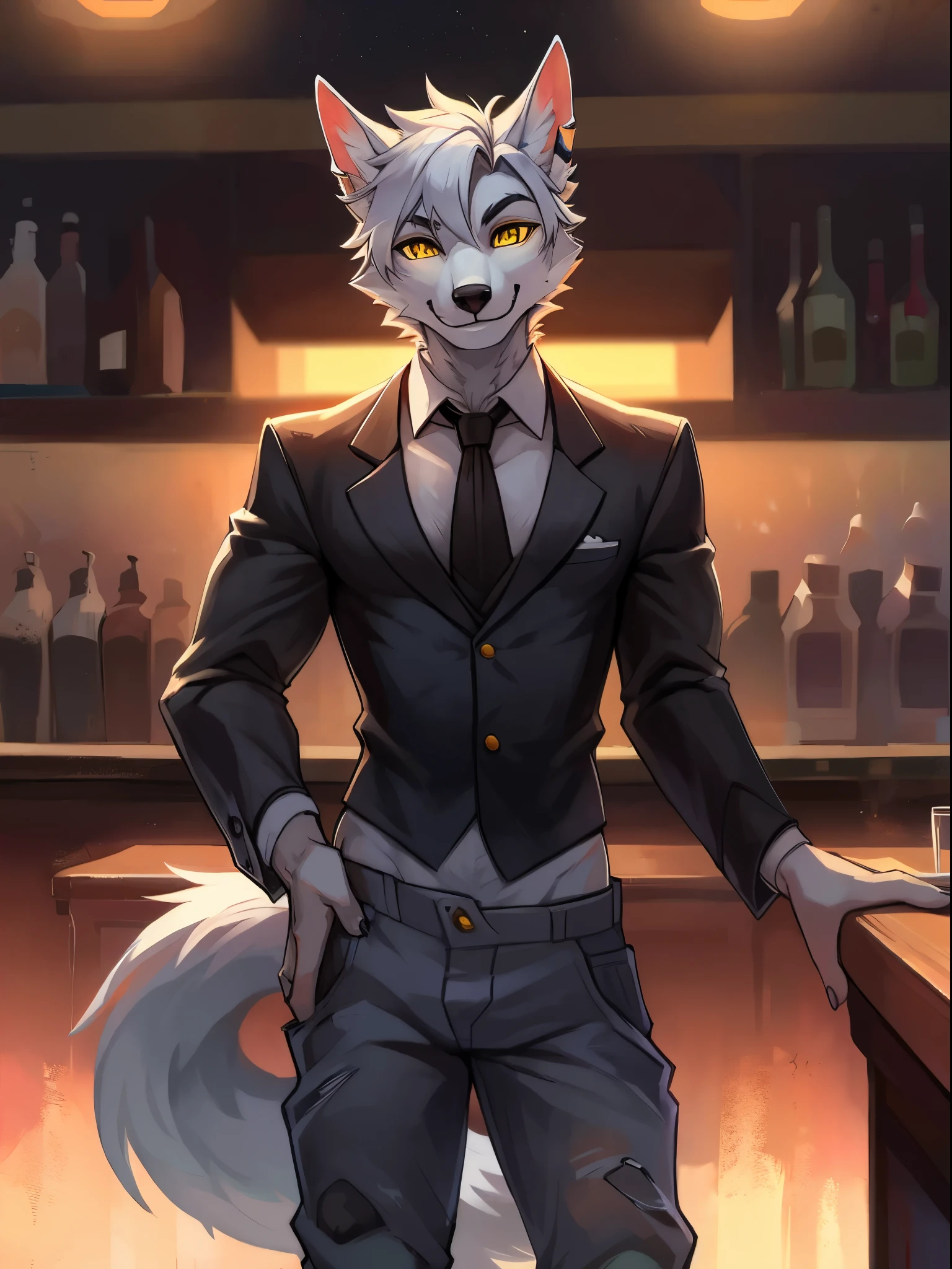 Anime character dressed in a suit and tie standing in front of a bar ...