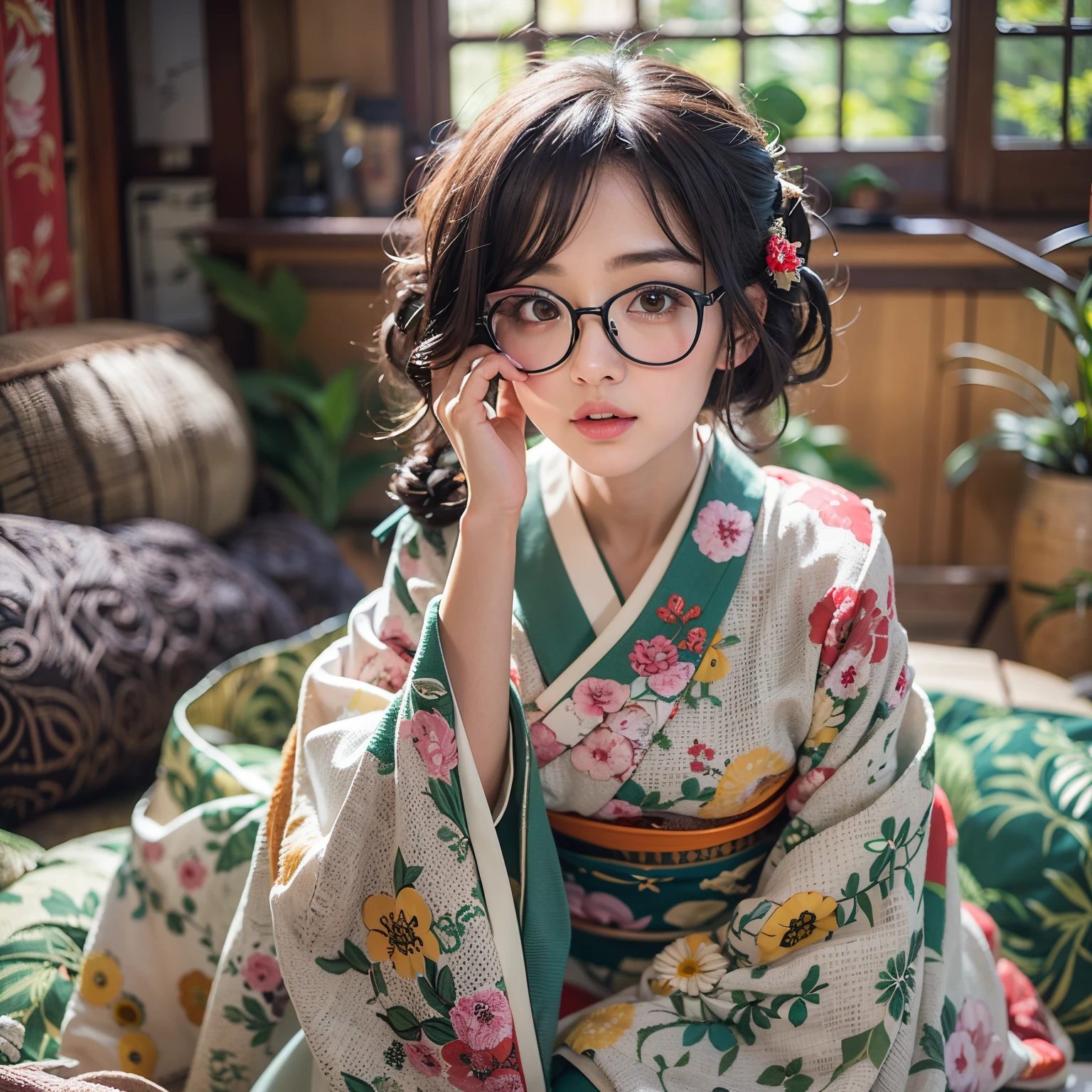 最好的品質, 傑作, 超高解析度, (逼真的:1.4), 原始照片, 極度細節, 完美的解剖學, 1個女孩, 最受歡迎的日本模特, 穿著日本和服，戴著設計可愛的眼鏡, 傳統日文的 SEIZA 坐姿,房間, 身體前傾, 非常漂亮的臉，就像最著名的日本模特兒一樣, 令人驚嘆的美麗黑色實心圓眼睛, 非常漂亮逼真的肌膚, 非常漂亮的黑色短髮, 非常美麗的大乳房, 非常美麗的乳溝, 細緻的日本和服, 设计可爱的精致眼镜, 詳細美麗的臉, 細緻的眼睛, 細緻逼真的肌膚, 細緻的黑色短髮, 詳細的大乳房, 細緻的乳溝, detailed traditional Japanese 房間