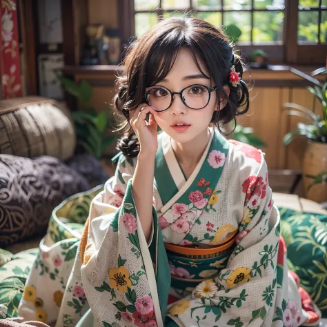 Best-quality, Masterpiece, Ultra-High-Resolution, (Photorealistic:1.4), Raw-Photo, Extremely-Details, Perfect-Anatomy, 1girl, the most popular Japanese model, wearing Japanese KIMONO and glasses with cute design, sitting SEIZA in traditional Japanese,room,...