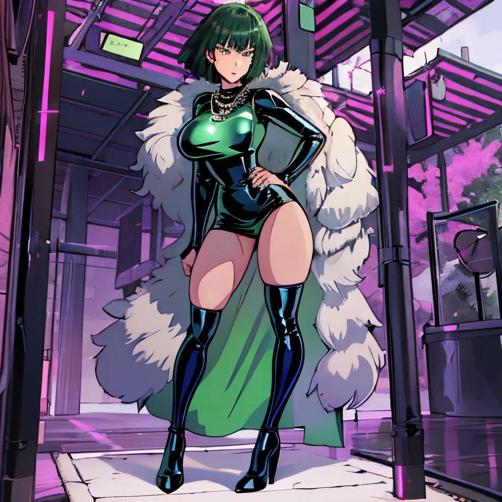 high quality, extremely detailed, perfect face, masterpiece, 1girl, solo, fullbody commission for, (Fubuki \(one punch man\):1), Transparent clothes, green-black short hair, long sleeved, (black latex longest dress:1.5), pelvic curtain, Plump thighs, clamping thighs, thick thighs, wide hips, slender waist, black skirt, pelvic curtain, white fur coat, necklace, large breasts, heel shoes,