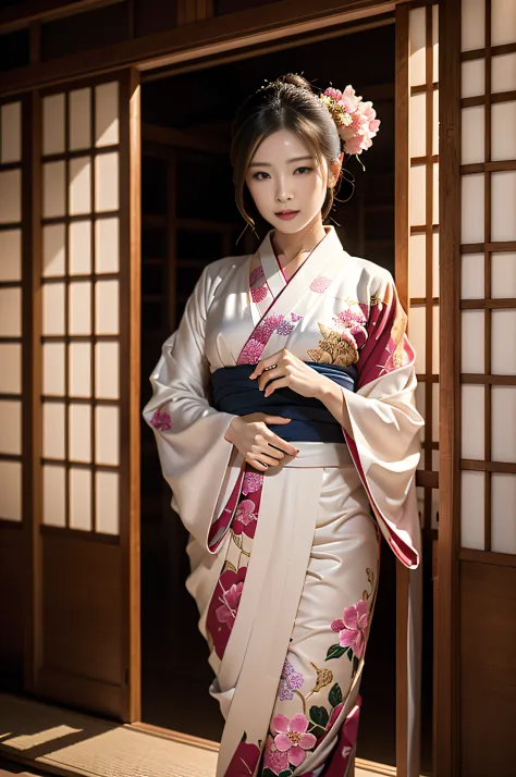 n the dreamlike Kyoto night, under the soft pink hues of cherry blossoms, emerges a bewitching beauty in a kimono. Her tradition...