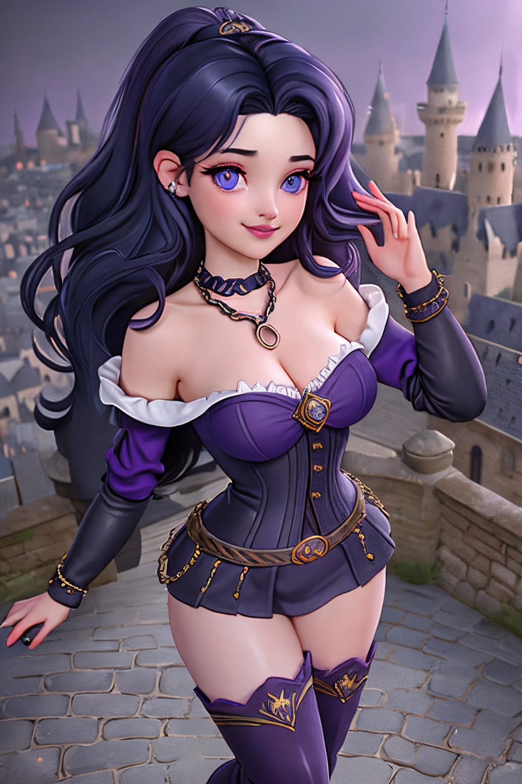close up 1girl in, 20years, Solo, Aesthetic artwork, long dark blue hair, thick dark blue hair, Violet eyes, clear skin, pale skin, massive breasts, DD-Cup, cleavage, fit body, (round hips, thin waist: 1.25), (Sirius face, dark lipstick, mischievous smile:1.1), key necklace, (wearing full length wizard robes purple, corset, bare shoulders, thigh high boots, chains:1.1), (dancing pose:1.21), (detailed Castle roof background:1.1), rooftop, overlooking medieval city, 4k textures, soft cinematic light, RAW intricate, elegant, highly detailed, sharp focus, soothing tones, insane details, intricate details, hyperdetailed, low contrast, soft light, exposure blend, hdr, faded