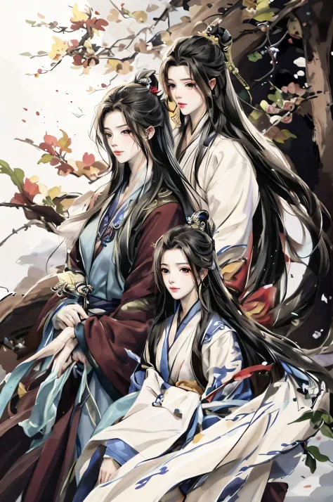 There are two women in the picture, flowing hair and long robes, making: Yang J, Telegraph Wuxia, Flowing white robes, heise jin...