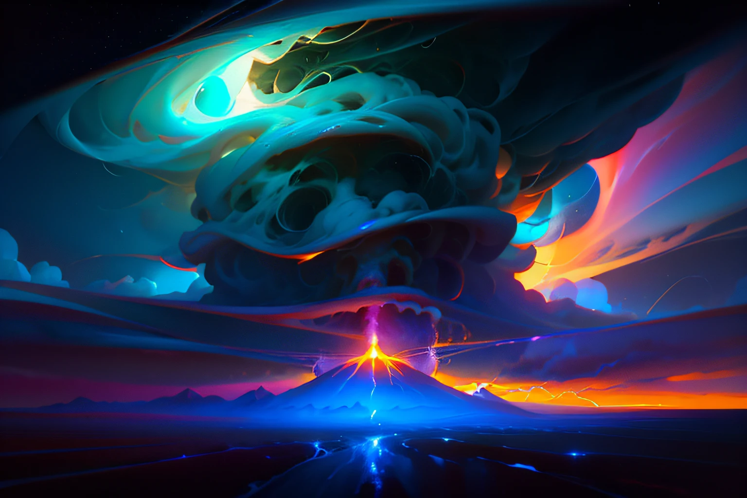 a lone car (Lamborghini Countach) en la carretera conduciendo hacia una tormenta distante en un paisaje extraño, arte digital inspirado en el espacio, Beeple y Tim Hildebrandt, y pintura de Greg Rutkowski de una gran nube con un remolino de tornado saliendo de ella, una pintura surrealista de Michael Sutfin, , android jones and rhads, vórtice de nubes, tornado espeso y arremolinado, pintura surrealista, pintura de paisaje surrealista, Nubes de tormenta modernismo,, jacek yerka y vladimir kush, pintura surrealista, iluminación , cielo campo de estrellas / relámpago