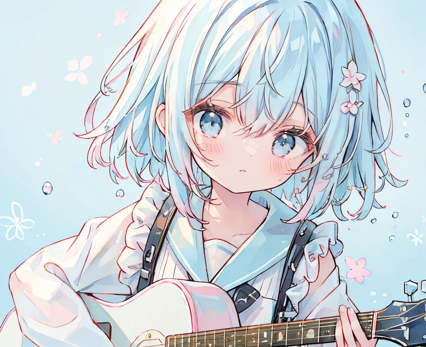 bsurd, high resolution, (handwriting tone:1.1), ((mastepiece)), (best quality), (super detailed), (beautiful), beautiful face, (lift-up), cute girl, guitar, ((have a guitar)) light blue hair, bob hair, light blue eyes, delicate eyes, (band, guitar, pink guitar) light blue sailor suit, light blue skirt, pink ribbon, light blue background、Background Simple、The upper part of the body