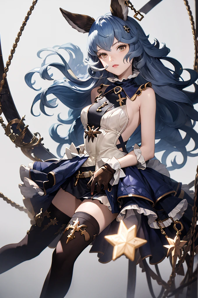 asterpiece, absurdres, best quality, ferry_ssr, dress, gold, black gloves, brown thighhighs, blue skirt, frills, sleeveless dress, jewelry,