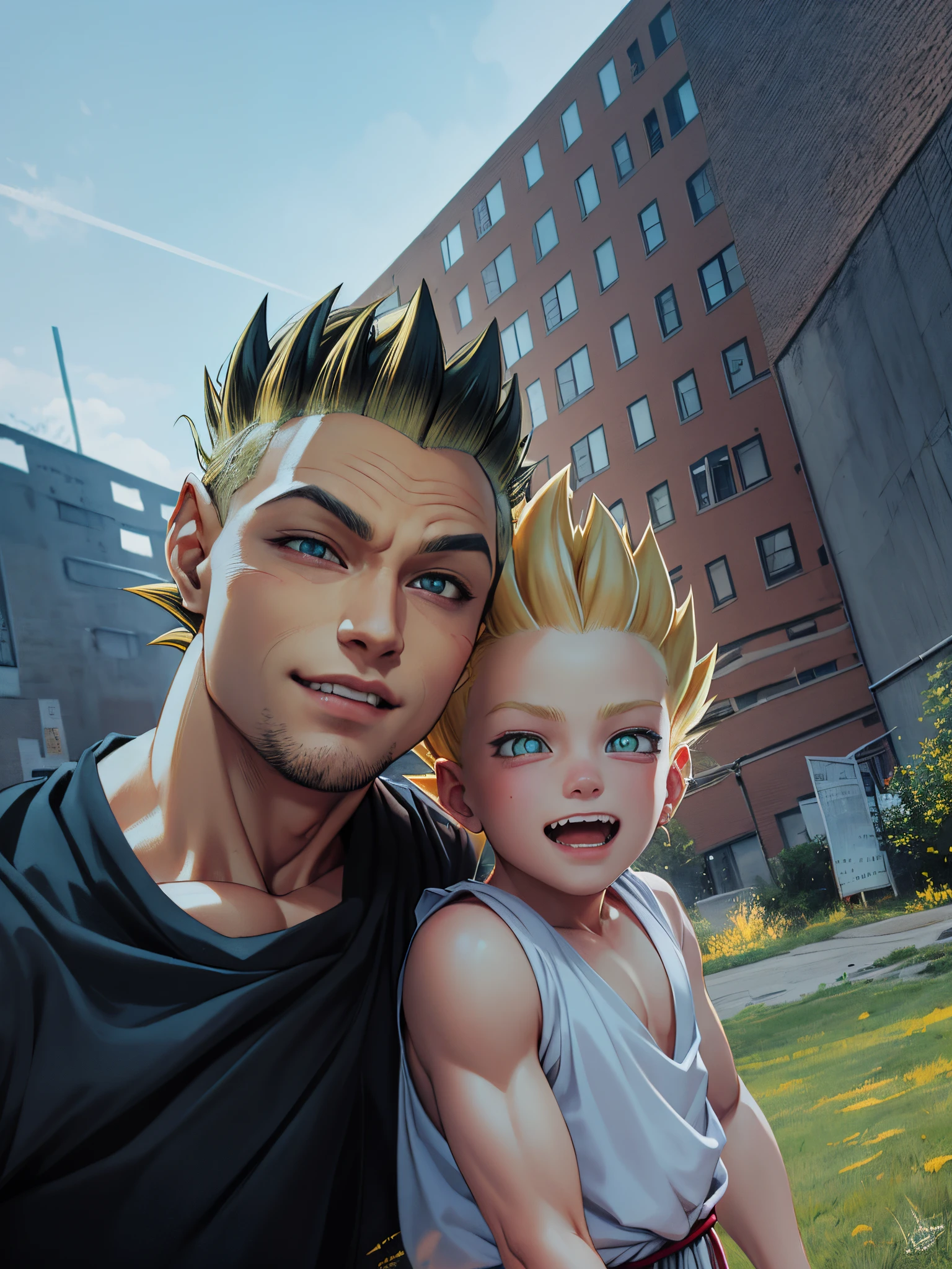 há um homem e um menino que estão juntos,alta definição, (obra de arte), (foto:1.3),alta qualidade, Alta resolução, sorriso, iluminação perfeita, obra de arte, lindo, ((Super Saiyajin)), tiro de vaqueiro, ((cabelo loiro)), Super Saiyajin, (cabelo espetado),rosto detalhado, olhos detalhados,