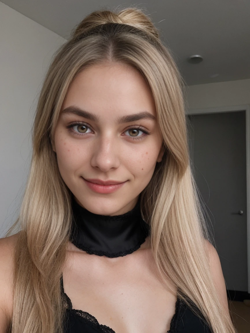 Blonde 19 year old woman up close selfie, black string silky bra - SeaArt AI