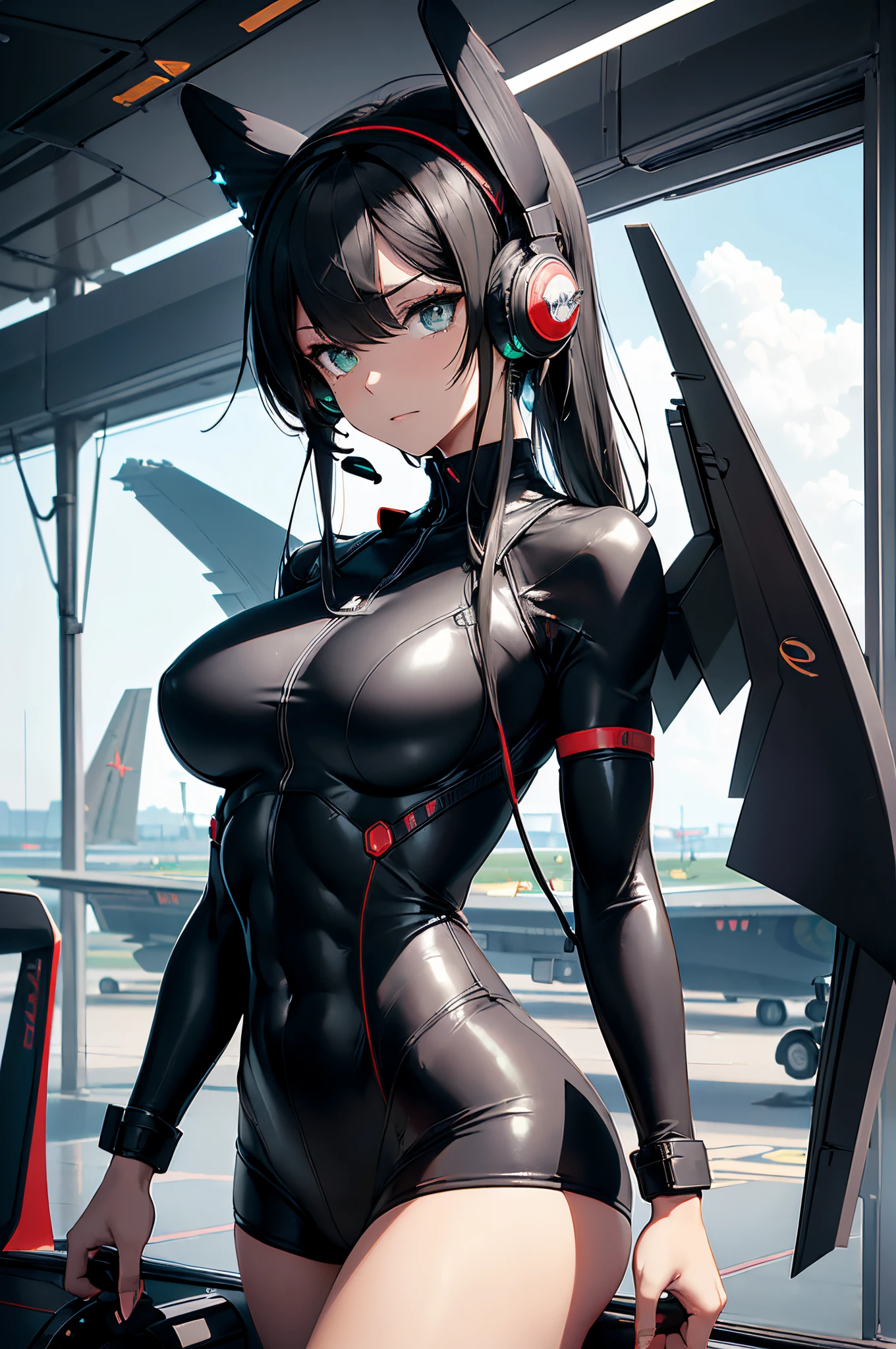 {{{{{masterpiece, best quality, official art, 8k, high resolution illustration}}}}}, 1girl, cute, 2d, japanese, hand drawn, anime style, girl in a smooth curve, matte black bodysuit inspired by a futuristic stealth bomber, (plane tail-ear headphones:1.6), The United States Air Force logo on outfit, standing on a runway military airport, gaze angled 30 degrees to the side, (fighter plane wings:1.6), black hair, (green matric eyes:1.2), dark sclera, cross pulpils, glowing eyes, dark uniform, thick thighs, serious, long legs, adult, detail wings, (muscular girl:1.5), black uniform, muscular arms, triceps, biceps, (8-pack abs:1.3), (deadly:1.2), (horrible:1.2), (piercing gaze:1.2), machine of death, emotionless android, the most dangerous weapon of the world, cyborg girl, strong girl, overwhelming presence, warlord, humamized fighter, red antennas on head, black bodysuit, covered skin