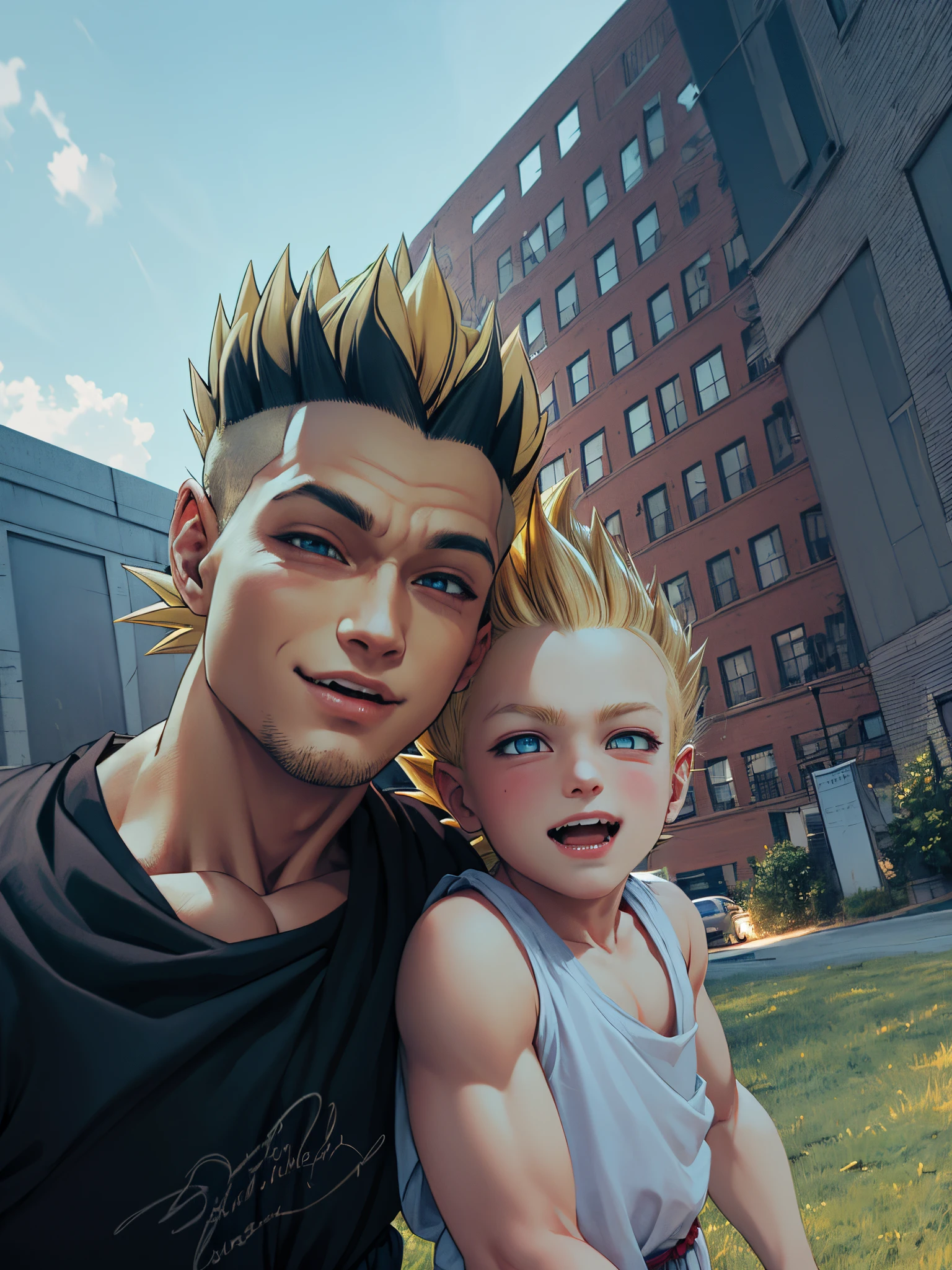 there is a man and a boy that are standing together,HD, (Masterpiece), (Photo:1.3),High Quality, High Resolution, Smile, Perfect Lighting, Masterpiece, beautiful, ((SuperSaiyan)), cowboy shot, ((blonde hair:1.3)), super saiyan, (spiked hair),detailed face, detailed eyes,