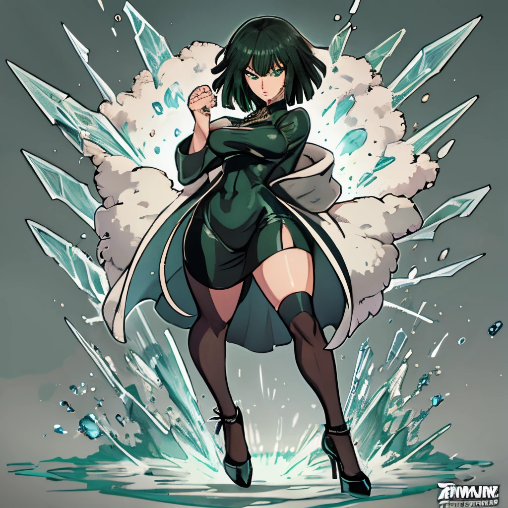 high quality, extremely detailed, perfect face, masterpiece, 1girl, solo, fullbody commission for,  (Fubuki \(one punch man\):1.3), Transparent clothes, green-black short hair, long sleeved black latex longest dress, Plump thighs, clamping thighs, thick thighs, wide hips, slender waist, black skirt, pelvic curtain, white fur coat, necklace, large breasts, heel shoes,