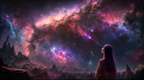 1girl looking at a beautiful nebula, red and purple tones, planets, space, sci-fi, fantasy, landscape, highest quality, masterpi...