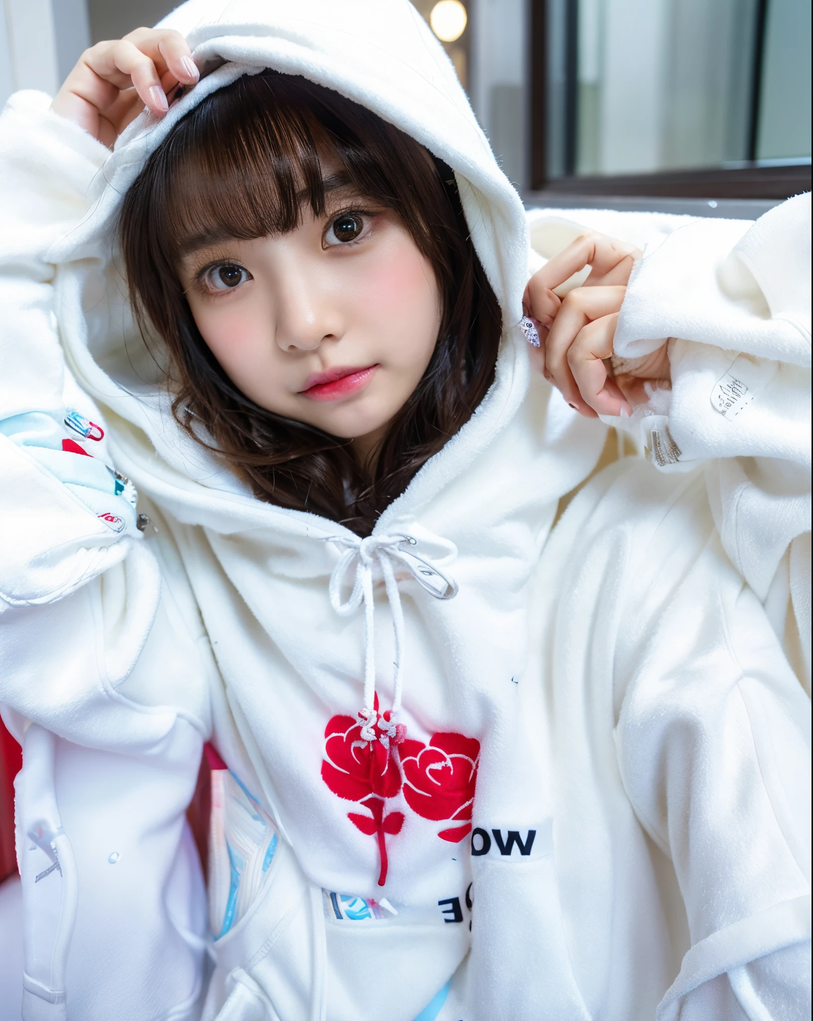 Arafed asian girl in a white hoodie with a red rose on it - SeaArt AI