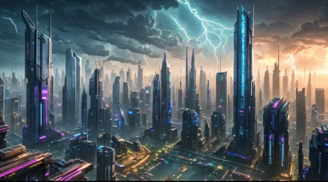 futuristic urban city, skyscrapers, cyberpunk, abandoned, wasteland, 3d landscape, sunrise in background, thunder storm, highest...