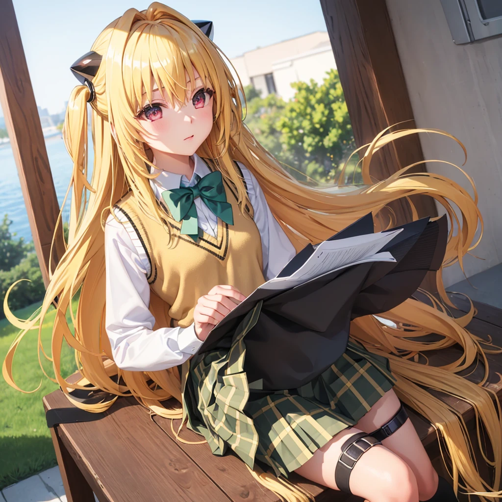 (masterpiece:1.6, best quality), (finely detailed beautiful eyes: 1.2), phyami, yamisch, 1girl, long hair, solo, school uniform, hair ornament, hair between eyes, two side up, blonde hair, very long hair, skirt, red eyes, thigh strap, sweater vest, plaid skirt, plaid, socks, two side up, hair ornament, pleated skirt, kneehighs
,