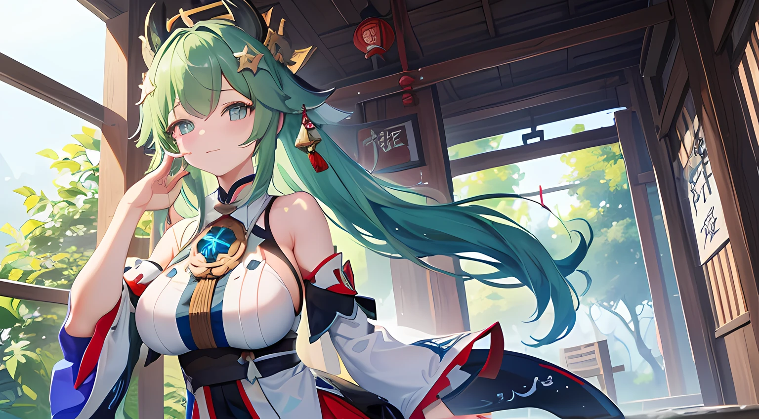 1 girl, (huohuo), posing for a picture in shrine, (green hair, green eye color, fox eared like yae miko), blushed face, demon horn, shrine maiden uniform, long skirt, showing her cleavages, big breast, a picture by void_0, pixiv, anime girls, seductive smile, (beautiful detailed eyes:1.6), extremely detailed face, perfect lighting, extremely detailed CG, (perfect hands, perfect anatomy), (honkai star rail).