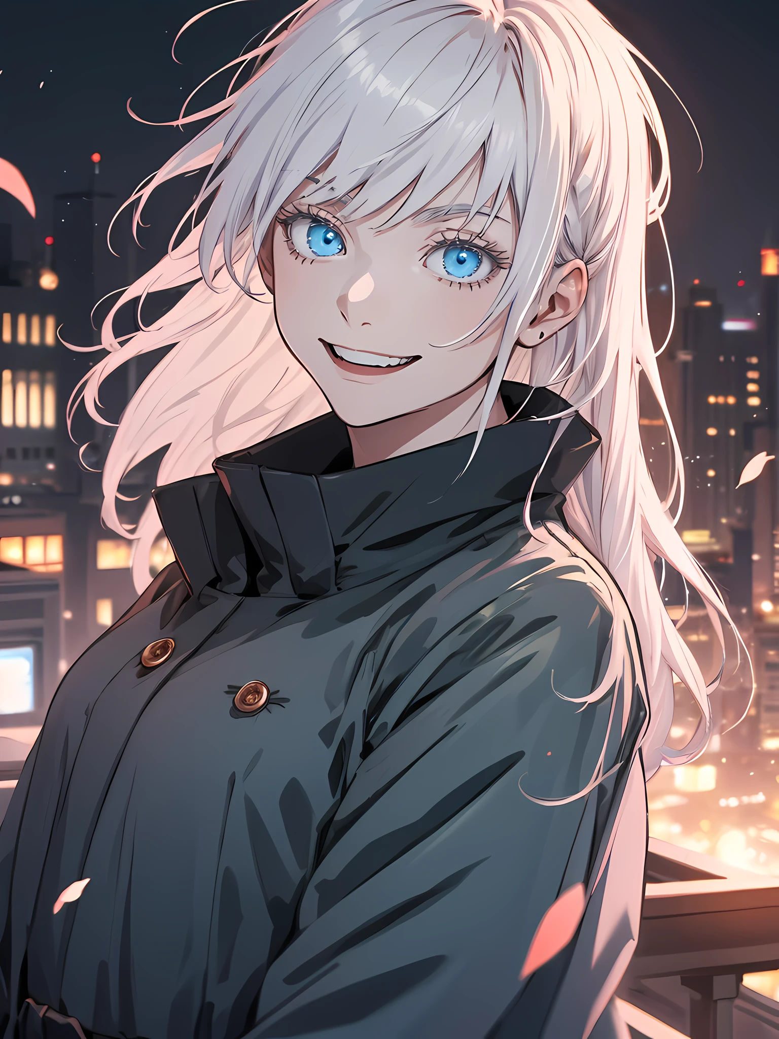 Woman, famale version, female, jujutsu kaisen, solo, alone, happy, smiling white hair, bangs, long hair, white eyebrows, white eyelashes, light blue eyes, black clothing, school, high quality, 4k resolution, anime