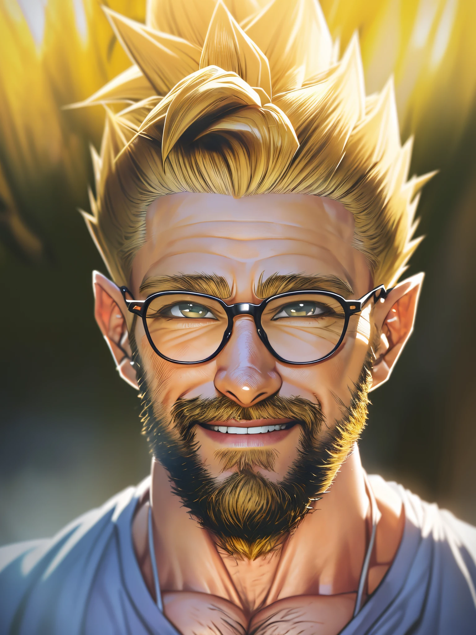 there is a man with glasses and a beard smiling for a picture,  HD, (Masterpiece), (Photo:1.3),High Quality, High Resolution, Smile, Perfect Lighting, Masterpiece, beautiful, ((SuperSaiyan)), cowboy shot, ((blonde hair:1.3)), super saiyan, (spiked hair),detailed face, detailed eyes,