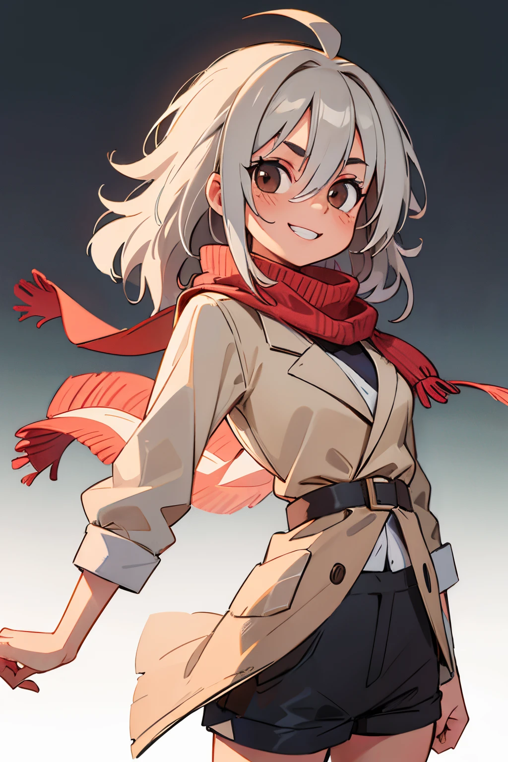 1girl, {solo}, upper body ,{{ {looking at viewer}}}, arm at side, concept art, white background, simple background, white hair, silver gradiient hair , complex cloth, asymmetrical clothes, best quality, masterpiece, dynamic angle, cowboy_shot, looking_back, grabbing, girl,woman,female, young,20 years old, medium length hair, flipped hair, silver hair, flowing hair, ahoge, smirk, beautiful and delicate brown eyes, teeth, brown eyes, brown skin, Hispanic, coat, scarf, flowing scarf, large scarf, white shirt, black_shorts, grey Clothes, transparent_background, backlighting, absurdres, highres, ultra detailed,