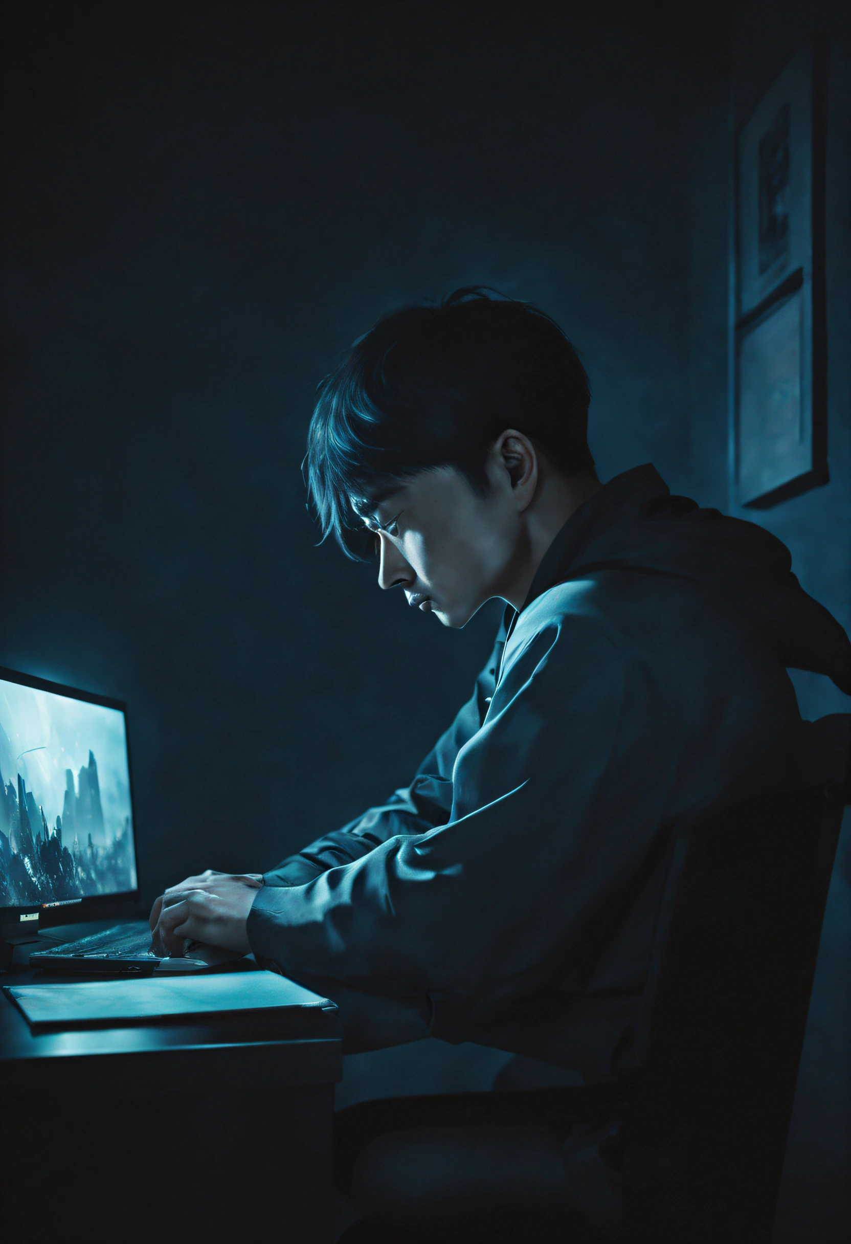 A 30-year-old Chinese man, sitting next to the computer staring at the screen, depressed, night