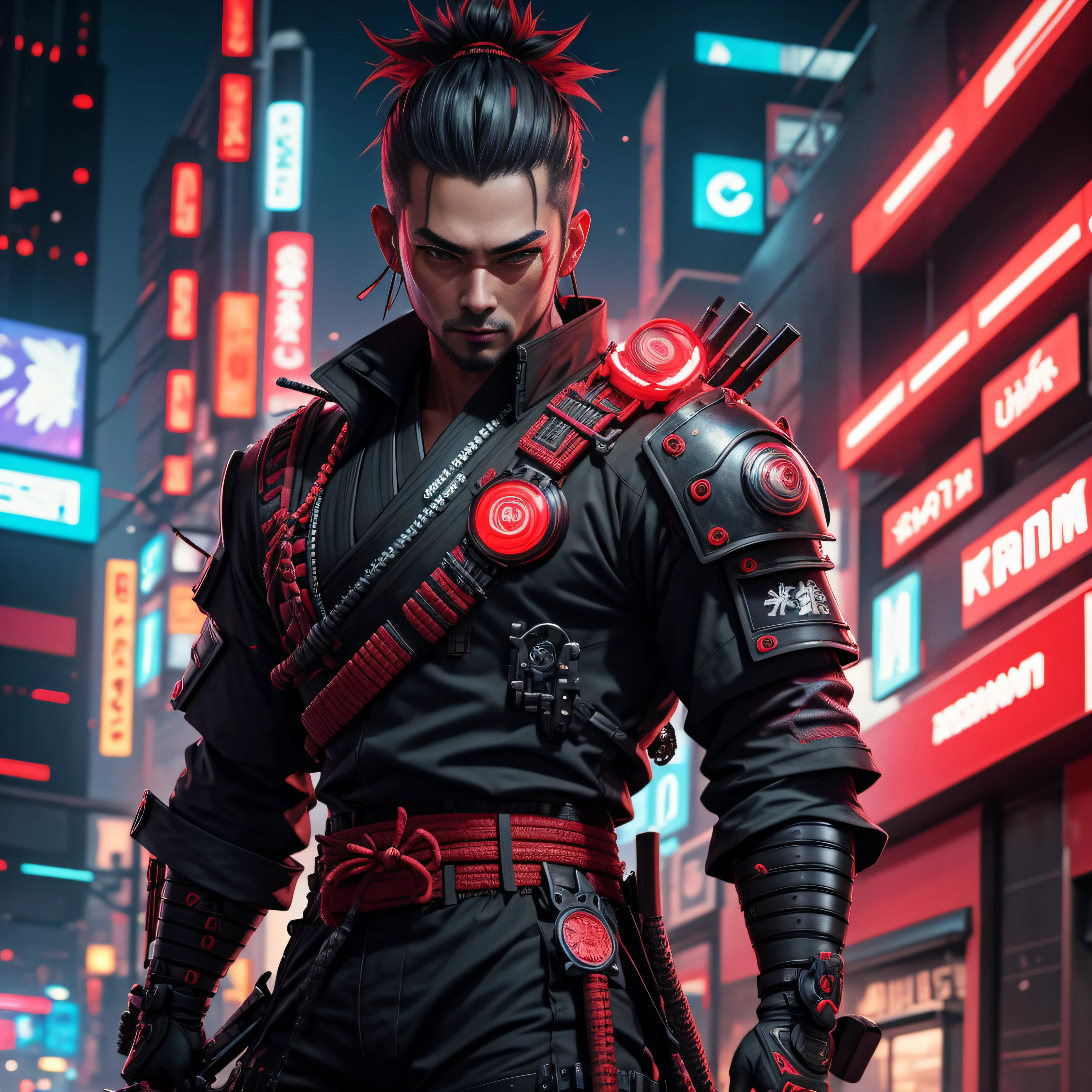 männlicher Samurai Cyberpunk Neonrot 4k ultrarealistisch ultradetailliert