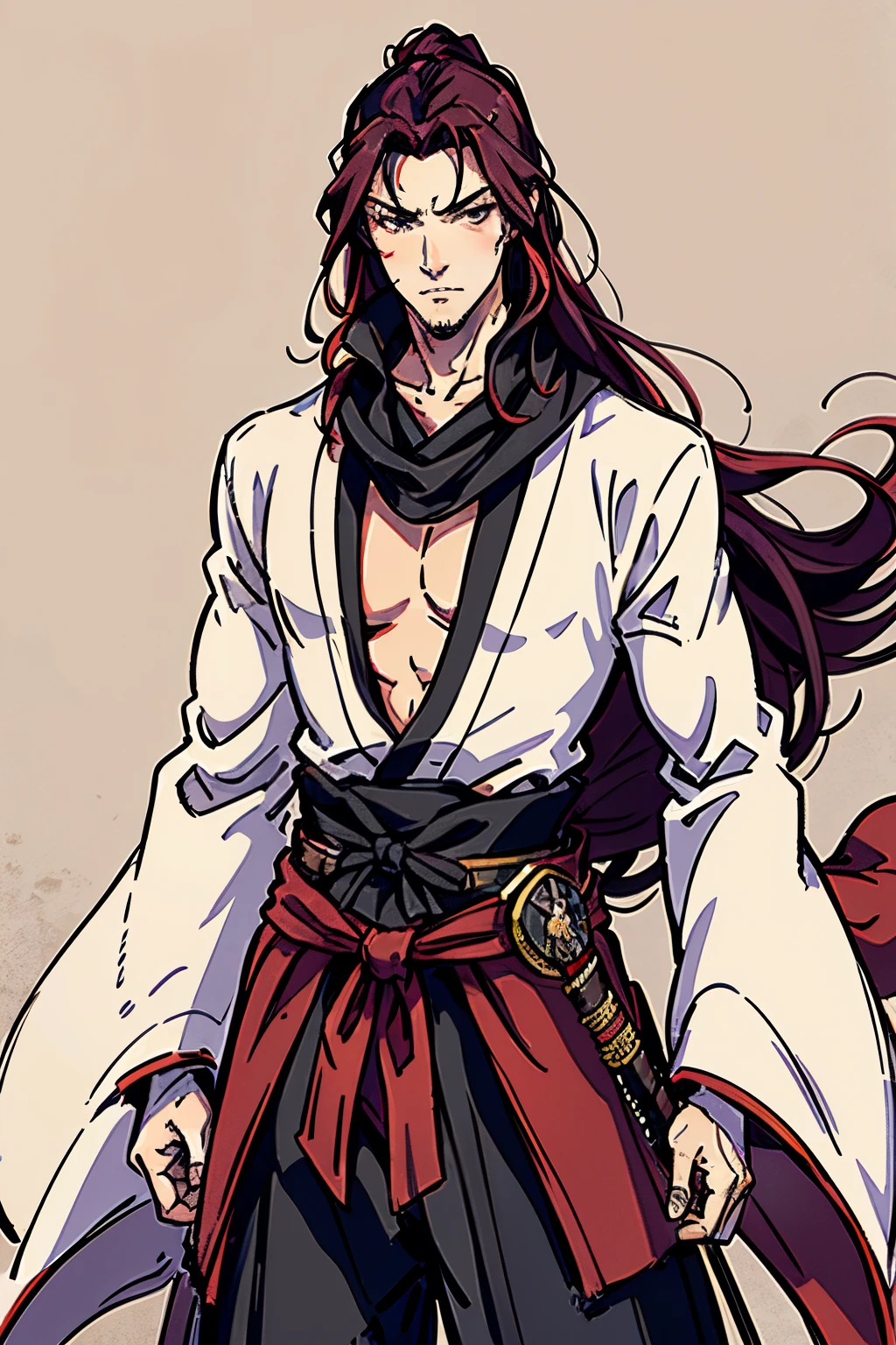 Best Quality, Masterpiece, Ultra High Resolution, musashi miyamoto, long red hair, renaissance attire, fancy clothing, nobility attire, handsome, manly, muscular, tall, covered in scars, vampire, pale white skin, fangs, vampiric, gothic, goth, standing in a medieval London town, long red scarf, detailed, long red hair, swept back hair, red hair(1.3), left side of face is burnt and purple and charred