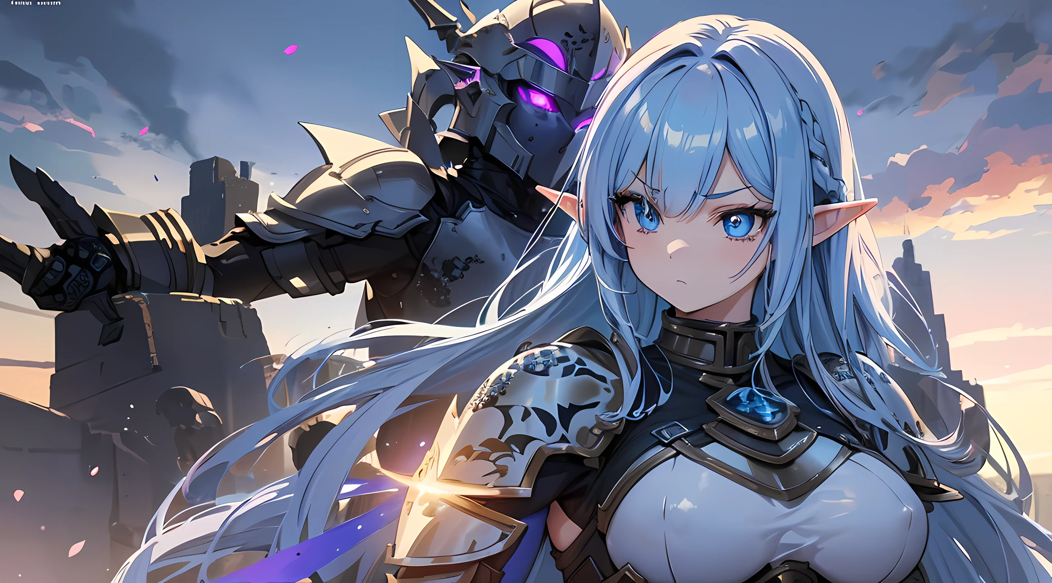 1 elf girl, standing with her full armor bodyguard, (multi colored hair hair), armored battle knight suit, breast plate, long skirt, big breast, a picture by void_0, pixiv, anime girls, angry facial expression, (beautiful detailed eyes:1.6), extremely detailed face, perfect lighting, extremely detailed anime illustration, (perfect hands, perfect anatomy),