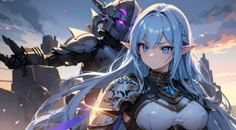 1 elf girl, standing with her full armor bodyguard, (multi colored hair hair), armored battle knight suit, breast plate, long sk...