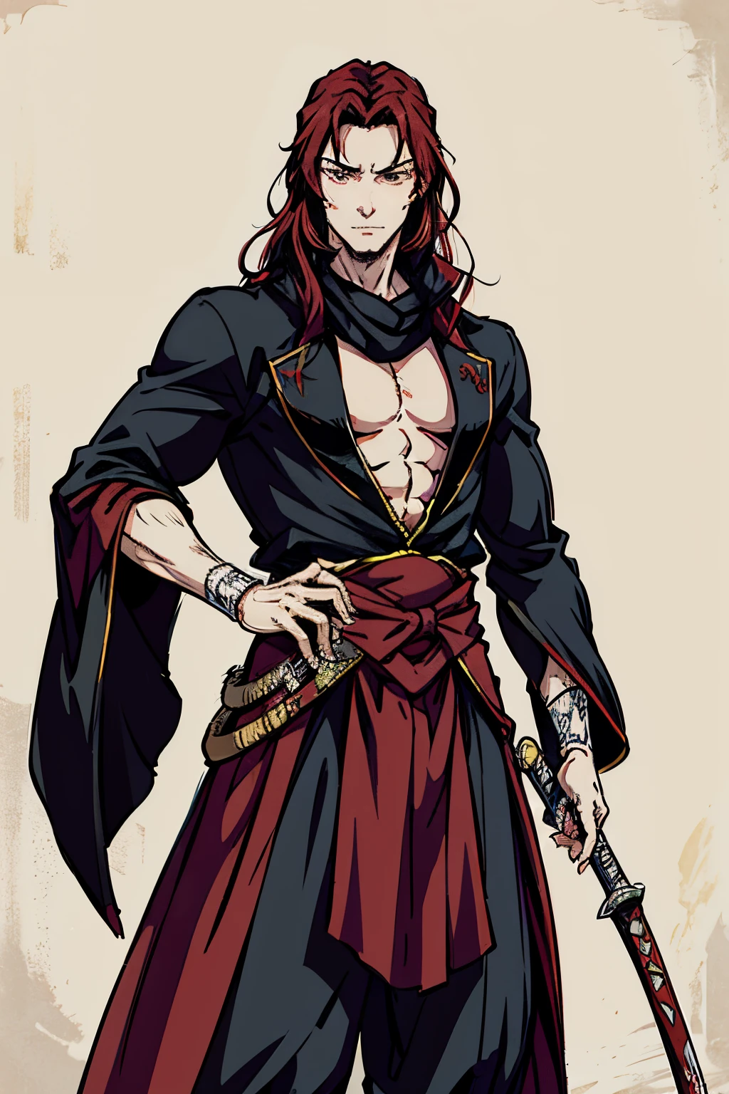 Best Quality, Masterpiece, Ultra High Resolution, musashi miyamoto, long red hair, renaissance attire, fancy clothing, nobility attire, handsome, manly, muscular, tall, covered in scars, vampire, pale white skin, fangs, vampiric, gothic, goth, standing in a medieval London town, long red scarf, detailed, long red hair, swept back hair, red hair(1.3)\